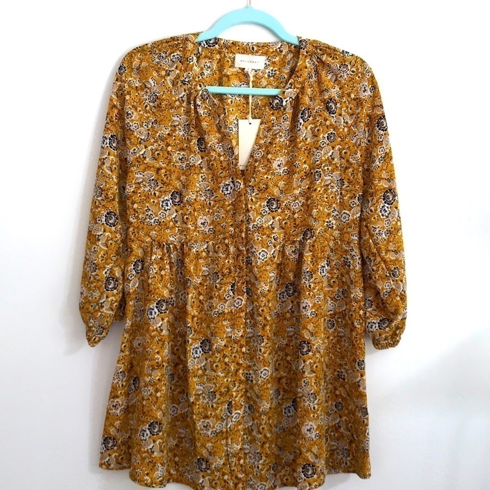 MELLÓDAY top print hobo boho tunic Sz S Quarter sleeves
